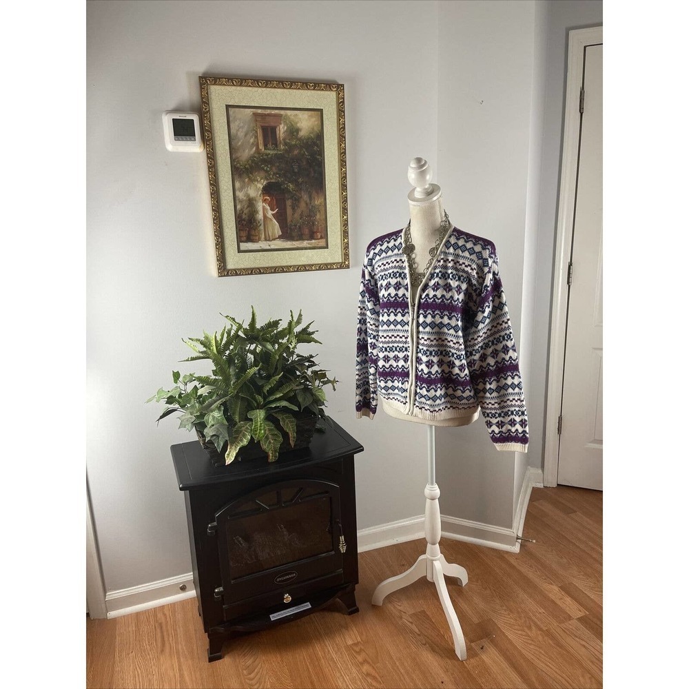Dressbarn Women's Purple White Long Sleeve Front Zip Knitted Cardigan Sweater XL
